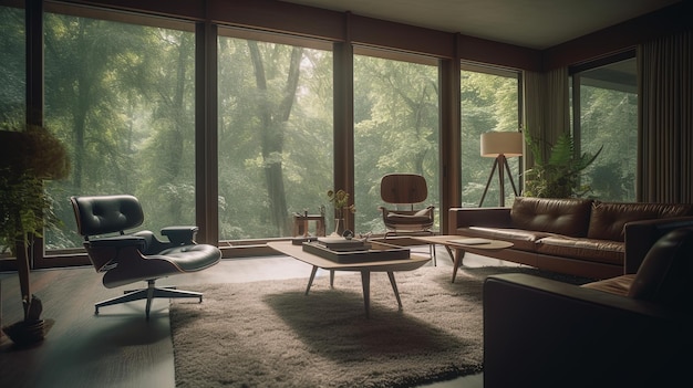 Generative AI Sala de estar luxuosa e espaçosa no estilo dos anos 60 com uma enorme janela com vista para a selva