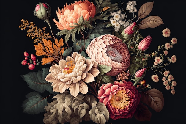 Generative AI schöne Fantasy-Vintage-Tapete mit botanischem BlumenstraußVintage-Motiv für Blumendruck