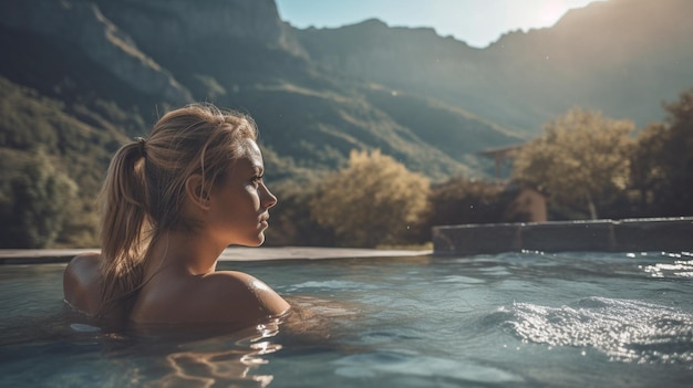 Generative AI Schöne Frau, die in den Bergen schwimmt