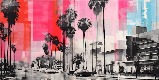 Generative AI Schwarz-Weiß-Vintage-Zeitungskollage mit Los Angeles-Straßen und Palmen