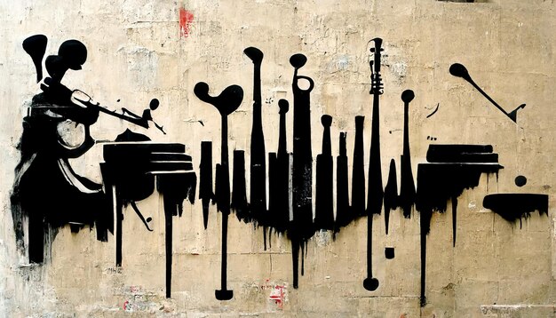 Foto generative ai street art mit schlüsseln und musikinstrumenten silhouetten ink graffiti art