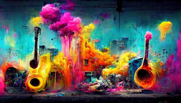 Foto generative ai street art mit schlüsseln und silhouetten von musikinstrumenten tinte bunte graffiti-kunst