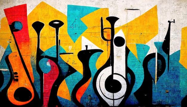 Generative AI Street Art mit Schlüsseln und Silhouetten von Musikinstrumenten Tinte bunte Graffiti-Kunst