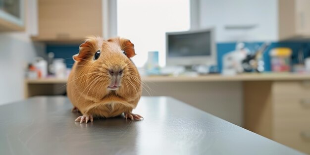 Generative AI süßes kleines Meerschweinchen auf dem Tisch, das von einem professionellen Tierarzt untersucht wird