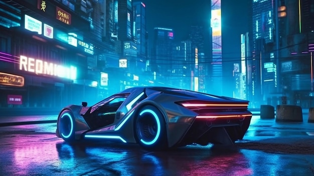 Generative AI um automóvel esportivo futurista em uma cidade neon e uma noção cyberpunk