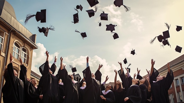 Foto generative ai um grupo de graduados lançando chapéus de formatura no ar