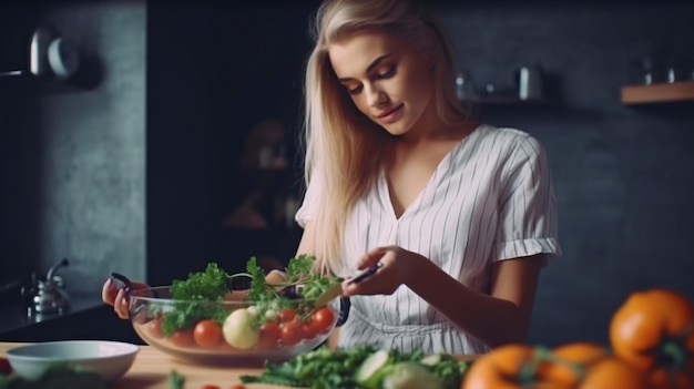 Generative AI uma dona de casa sonhadora fazendo uma salada vegetariana na cozinha