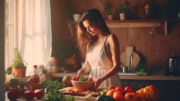 Generative AI uma dona de casa sonhadora fazendo uma salada vegetariana na cozinha