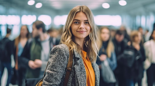 Generative AI uma jovem mulher bonita e um aeroporto lotado