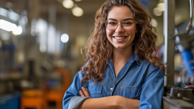 Generative AI uma mulher alegre em uma oficina mecânica