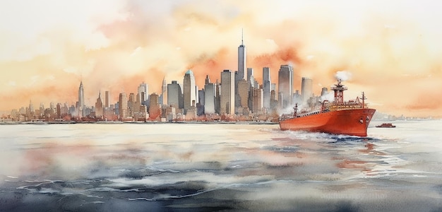 Generative AI uma paisagem de um mar em que um barco flutua e o fundo é a cidade de Nova York em aquarela