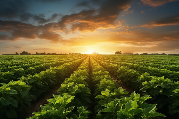 Foto generative ai uma plantação agrícola em um campo ao pôr do sol