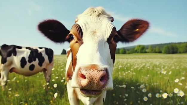 Generative AI uma vaca em um campo de primavera
