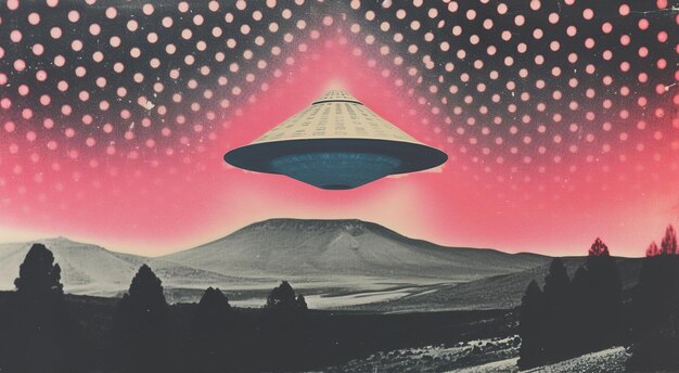 Foto generative ai vintage-risographie-collage von außerirdischen ufo im weltraum pastellhalftone geometrische formen abstrakte korntexturx9xa