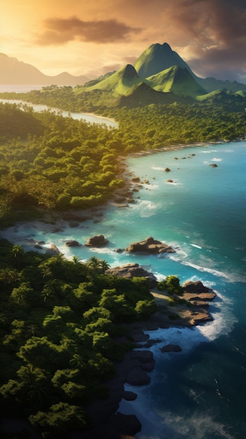 Generative AI Vista de pássaro de ilhas tropicais iluminadas pelo pôr-do-sol