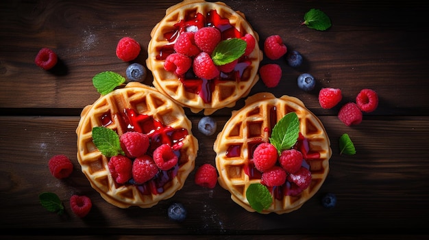 Generative AI Waffles belgas variados com frutas e xarope de sobremesa doce assada