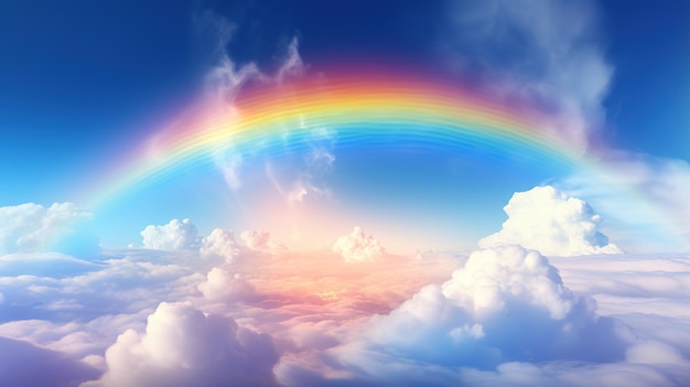 Generative AI weiße fantastische Wolken Himmel und Landschaft mit bunten Regenbogen sanfte Farben und mit hellen Lichtern