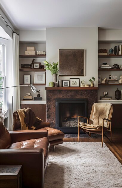 Generative IA-Illustration eines Wohnzimmers einer modernen Wohnung mit modernen Holzmöbeln und Kamin mit viel natürlichem Licht