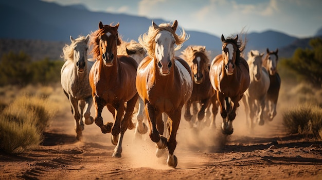 Generative Illustration einer Gruppe von Pferden, die im Galop in einer natürlichen Umgebung laufen