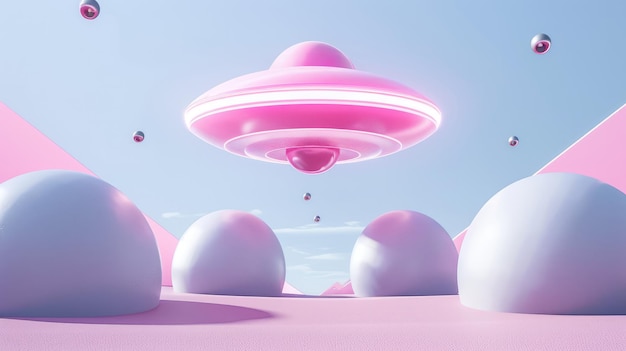 Generative KI 3D-Stil rosa UFO auf fremden Planeten Landschaft Raumschiff