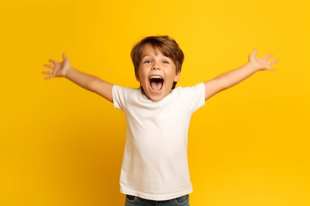 Generative KI alles Gute zum Geburtstag Ingwerkind Junge mit Konfetti auf farbigem gelbem Hintergrund