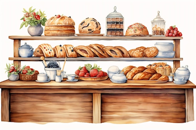 Foto generative ki aquarell detaillierte illustration einer theke mit frisch gebackenem gebäck und dessert