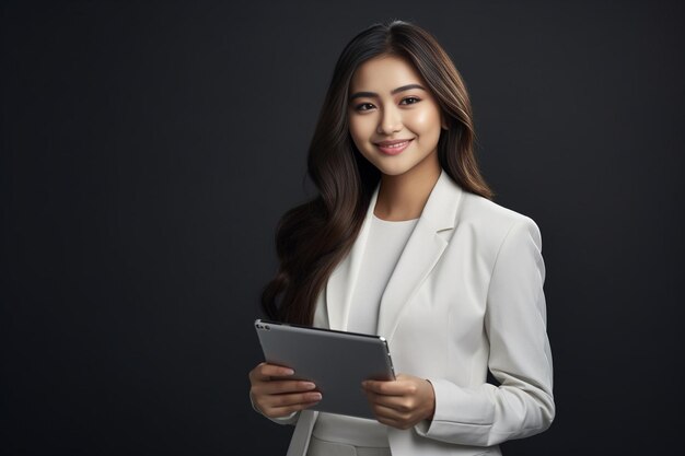 Generative KI Asiatische weibliche Führungskraft mit langen Haaren, die lächelt und hervorragende Augen schenkt. Arbeiten mit