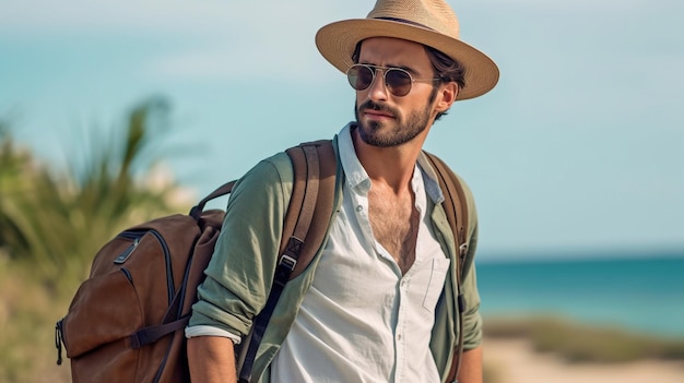 Generative KI, attraktiver männlicher Reisender mit Mütze, der sich abwendet