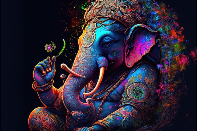 Generative KI auf der Statue von Lord Ganesha Ganesha Festival Hindu-Religion und indische Feier des Diwali-Festkonzepts auf dunkelrotem gelbem Hintergrund und Kopierraum