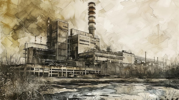 Generative KI Außenansicht des Kernkraftwerks von Tschernobyl zerbrochene Fenster abgenutzte Strukturen verlassene Landschaften atmosphärische Aquarelle Darstellung