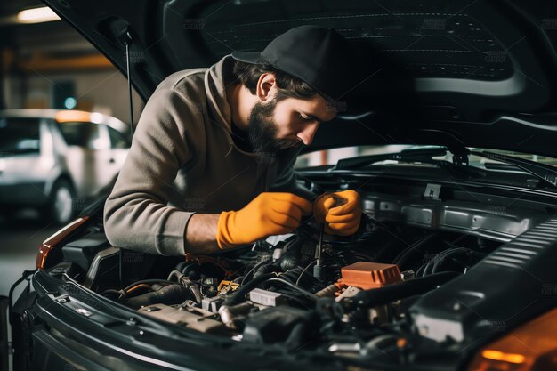 Generative KI Automechaniker installiert vordere Bremsscheiben des Autos