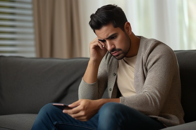 Generative KI Besorgter junger hispanischer Mann sitzt zu Hause auf dem Sofa und blickt verärgert auf die Kreditkarte