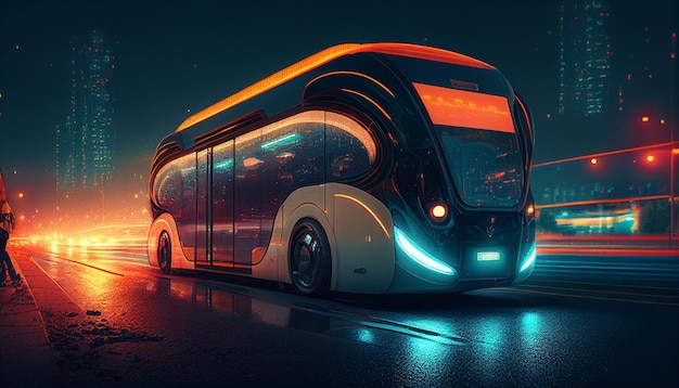 Generative KI-betriebene, autonome, intelligente Auto- und Busfahrten durch die Stadt bei Nacht