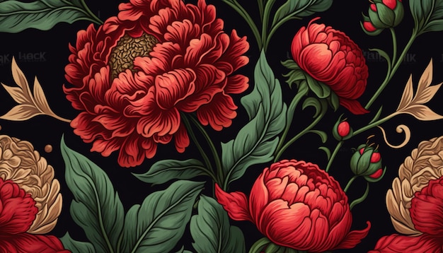 Generative KI. Buntes Blumenmuster, William Morris inspirierte natürliche Pflanzen und rote Blumen