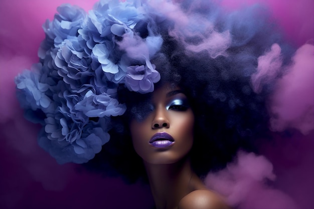 Generative KI-Collage-Vorlage einer exotischen Dame, magische Göttin mit blauen Blumen, Haaren, Blumenfee auf Nebel, Nebel, Rauchhintergrund
