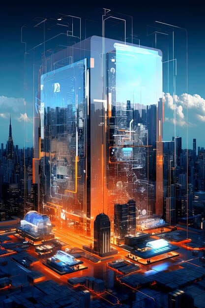 Generative KI-Computer-Bildschirmanschauung einer futuristischen Architektur mit digitaler Verbindung
