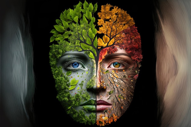 Generative KI-Darstellung der vier zeitlichen Jahreszeiten in einem Gesicht, einem Rahmen, einem Baum Naturkonzept Digital generiertes Bild