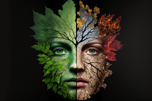 Generative KI-Darstellung der vier zeitlichen Jahreszeiten in einem Gesicht, einem Rahmen, einem Baum Naturkonzept Digital generiertes Bild