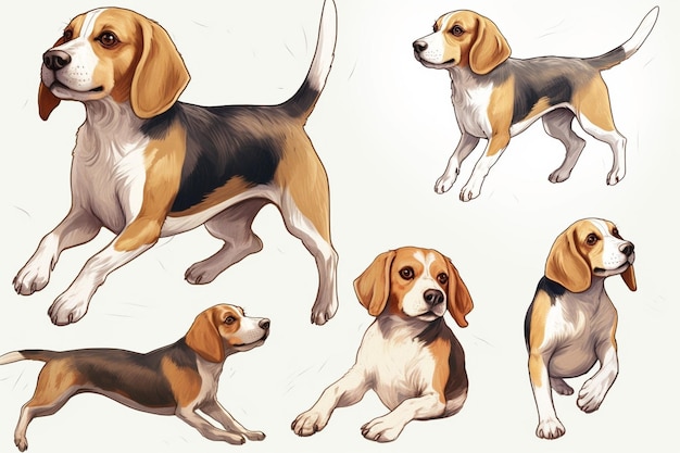 Generative KI Detaillierter Beagle-Hund in verschiedenen Posen Illustrationsset