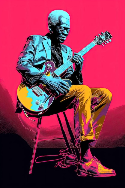 Generative KI Digitale Illustration Illustration im Andy-Warhol-Stil eines Musikers, der Gitarre spielt