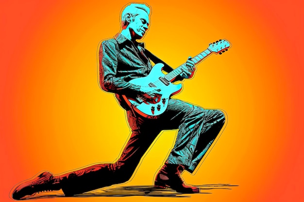 Generative KI Digitale Illustration Illustration im Andy-Warhol-Stil eines Musikers, der Gitarre spielt