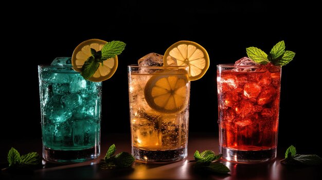 Generative KI drei verschiedene helle Cocktails Gläser auf der Bar dunkler Hintergrund