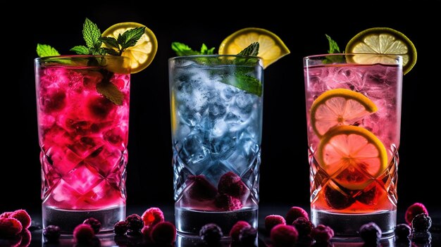 Generative KI drei verschiedene helle Cocktails Gläser auf der Bar dunkler Hintergrund