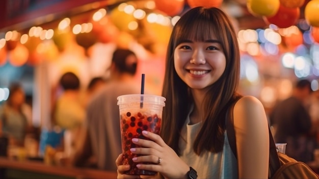 Generative KI, ein fröhliches Mädchen und das klassische taiwanesische Getränk Bubble Tea auf einem Nachtmarkt