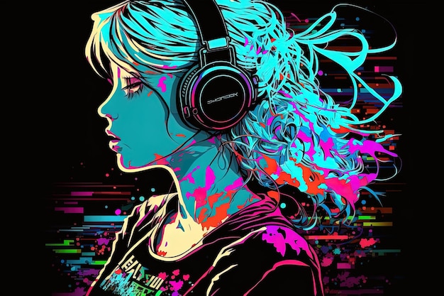 Generative KI, ein Neon-Gamer-Anime-Modemädchen oder eine Frau, die Kopfhörer trägt und sich in ihrem abstrakten Musikhintergrund verliert, der das Gefühl verschiedener Genres des Musikbanner-Musikkonzepts hervorruft