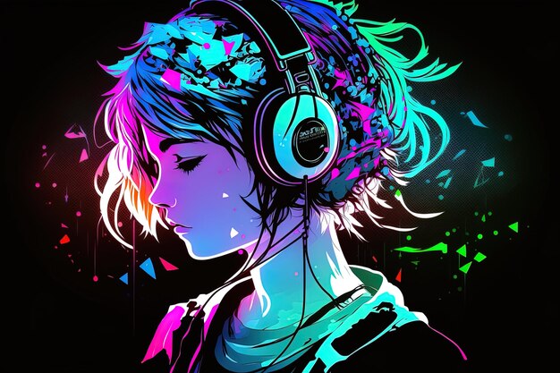 Generative KI, ein Neon-Gamer-Anime-Modemädchen oder eine Frau, die Kopfhörer trägt und sich in ihrem abstrakten Musikhintergrund verliert, der das Gefühl verschiedener Genres des Musikbanner-Musikkonzepts hervorruft