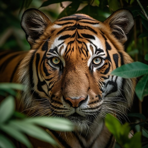 Generative KI Ein Porträt eines Tigers mit durchdringenden Augen vor einem üppigen Dschungelhintergrund