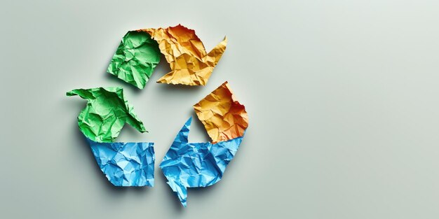 Generative KI Ein Recycling-Logo-Schild aus zerknittertem Papier mit Konzept der Wiederverwendung von Null-Abfällen mit Kopierraum