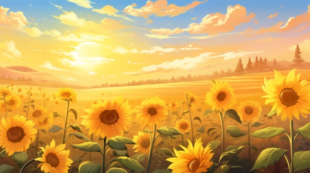 Generative KI Ein ruhiger nebliger Morgen in einem Feld von Sonnenblumen Vektor Cartoon Grafik