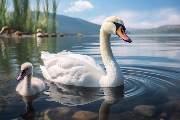 Generative KI ein wunderschöner weißer Schwan mit seinen Jungen auf dem See